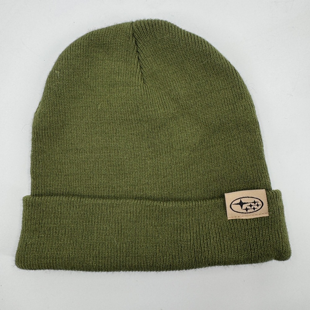 Subaru Beanie Hat Unisex One Size Olive Green Knit Cuffed Logo‎ Patch Adventure